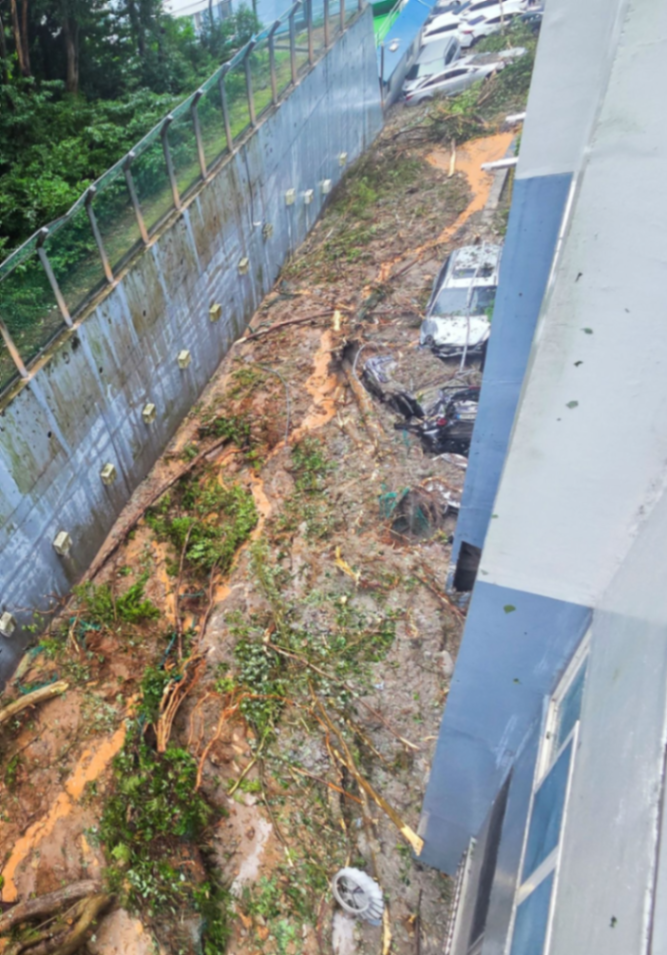A view of the disaster scene around 4:30 a.m. on the 17th in Okpo-dong, Geoje, South Gyeongsang Province, where a massive landslide occurred on a slope, completely burying lower-floor apartments and parked vehicles with flowing soil and trees. (Photo provided by South Gyeongsang Fire Headquarters)